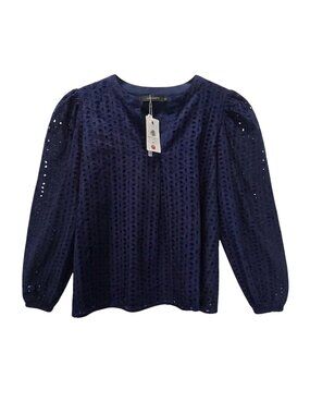 NWT | MEROKEETY Navy Eyelet Puff Sleeve Split Neck Blouse Boho | XL